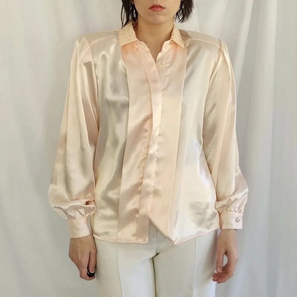 80s Deadstock Pink Satin Blouse - Picture 4 of 6